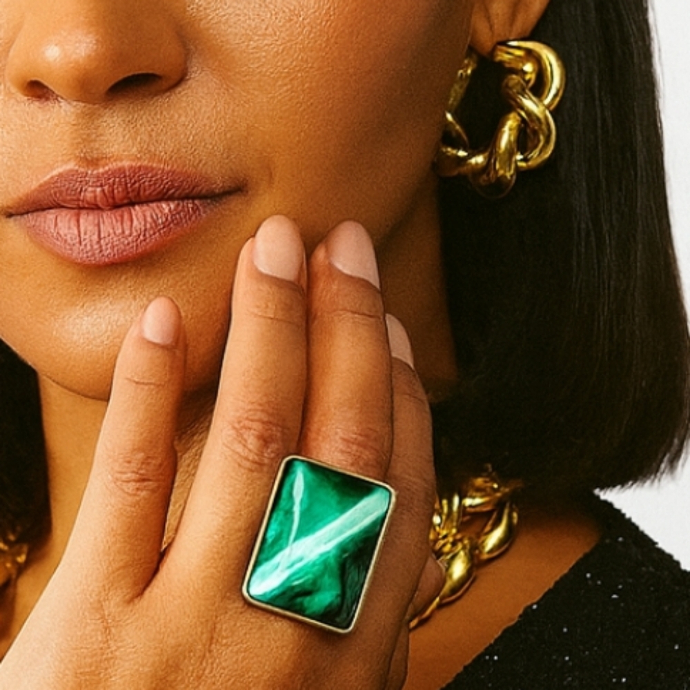 VINTAGE MALACHITE STATEMENT RING SILVERTONE SETTING SIZABLE